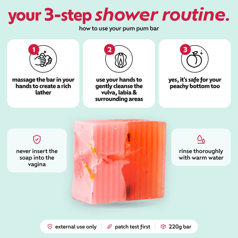 How to use the Pum Pum Bar: lather in your hands, gently cleanse externally – safe for your bottom too