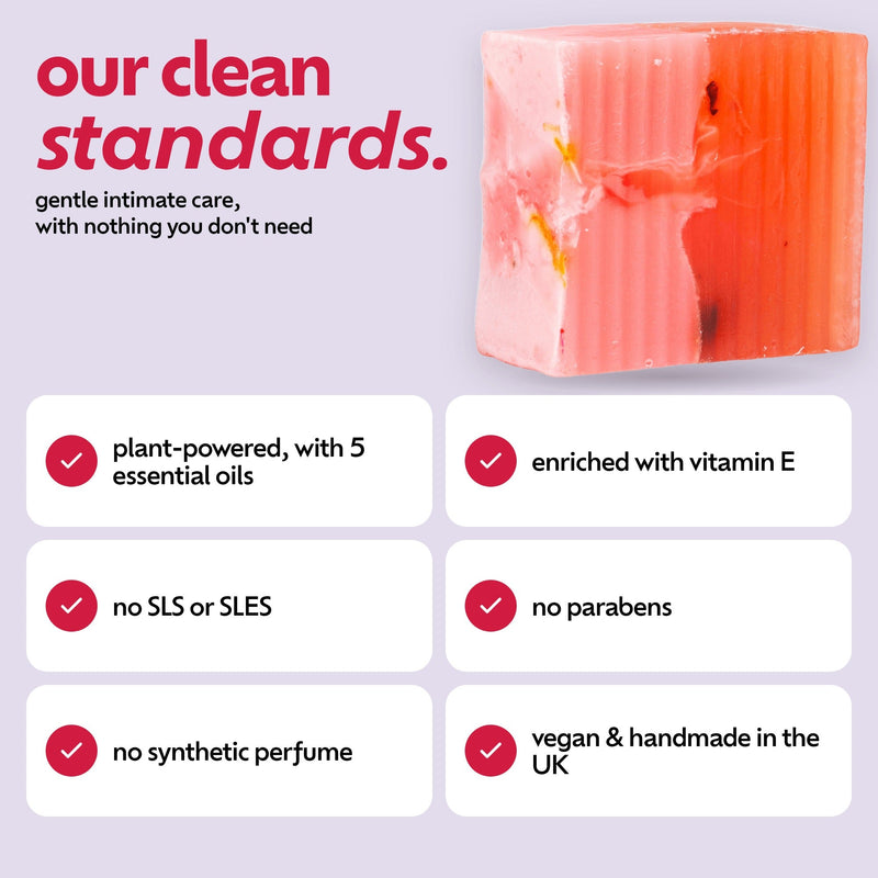 Pum Pum Bar clean standards: plant-powered with 5 essential oils, vitamin E, no SLS or SLES, no parabens, no synthetic perfume, vegan and handmade in the UK