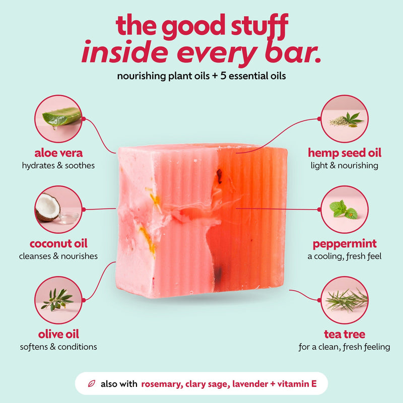 Pum Pum Bar ingredients: aloe vera, coconut, olive and hemp seed oils, peppermint and tea tree