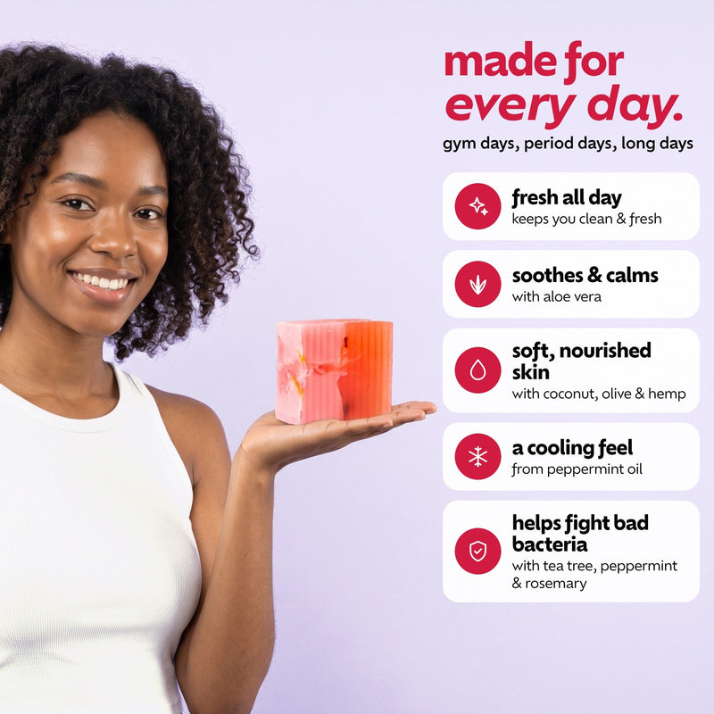 Woman holding the Pum Pum Bar – fresh all day, soothes and calms, soft nourished skin, helps fight bad bacteria
