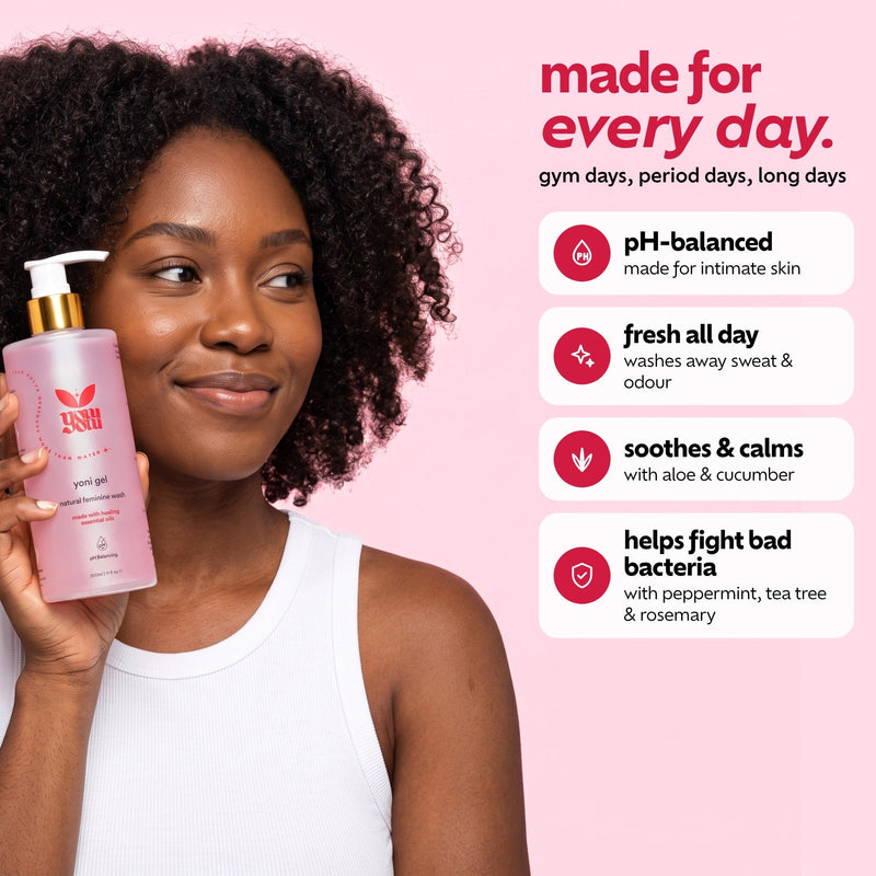 Woman holding Yoni Gel – pH-balanced, fresh all day, soothes and calms, helps fight bad bacteria