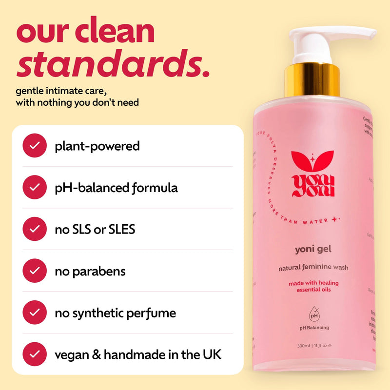 Yoni Gel clean standards: plant-powered, pH-balanced, no SLS or SLES, no parabens, no synthetic perfume, vegan and handmade in the UK