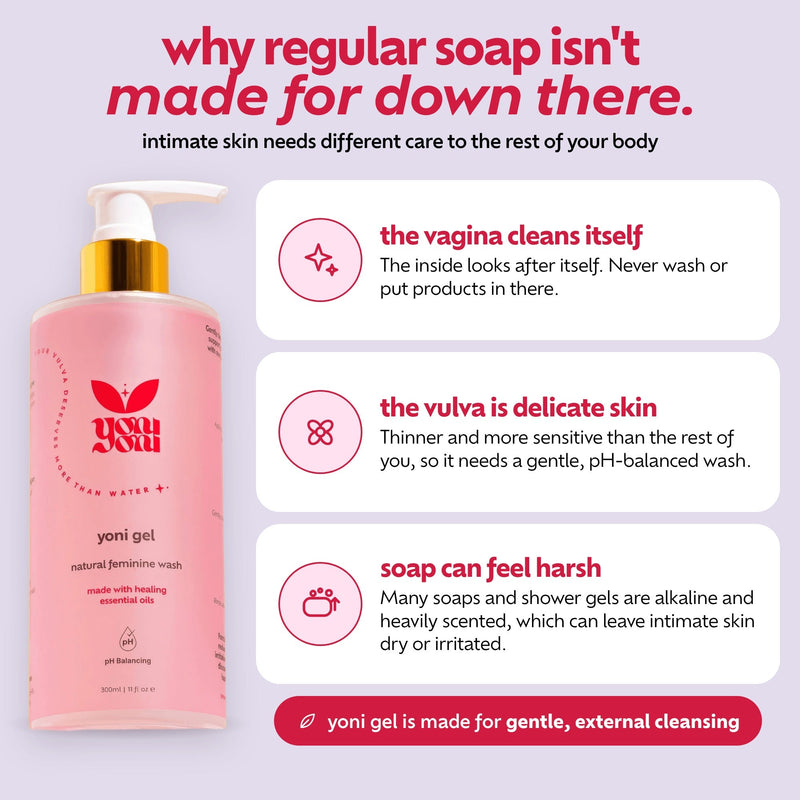 Why regular soap isn't made for intimate skin, and why Yoni Gel is made for gentle external cleansing