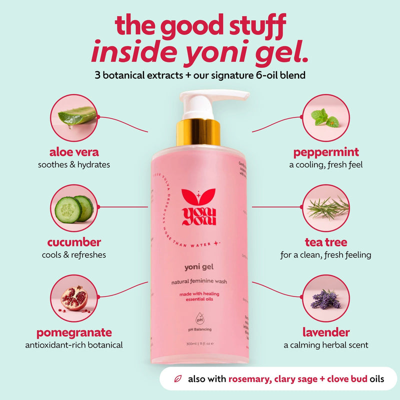 Yoni Gel ingredients: aloe vera, cucumber, pomegranate, peppermint, tea tree and lavender