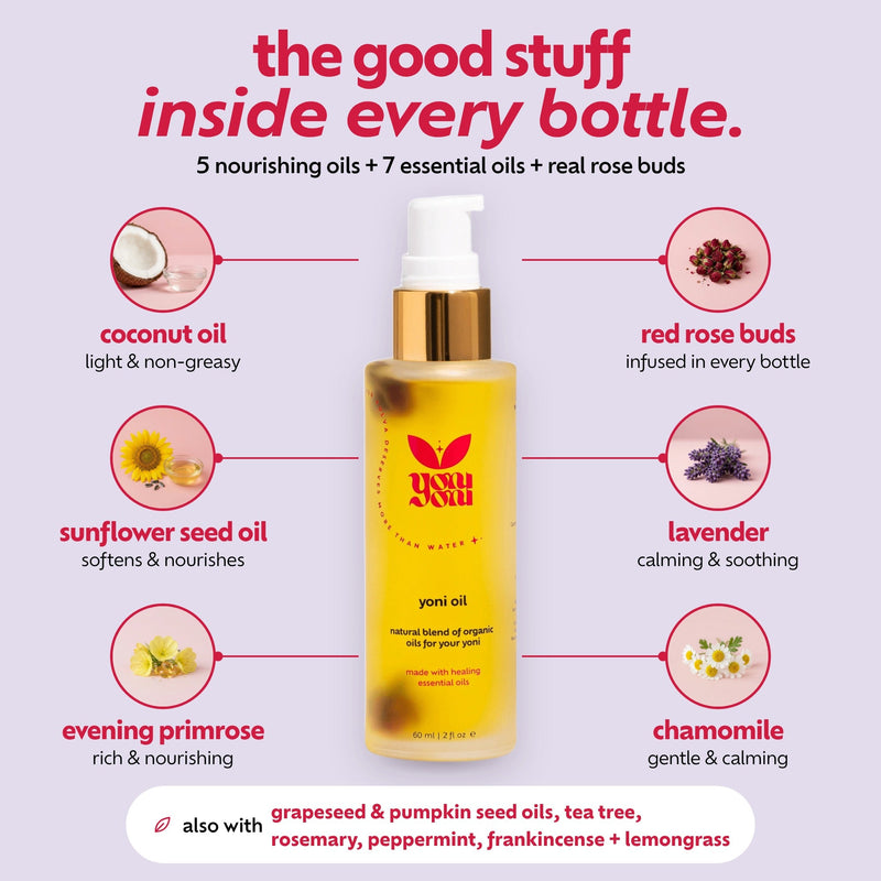 Yoni Oil ingredients: coconut, sunflower seed and evening primrose oils, red rose buds, lavender and chamomile
