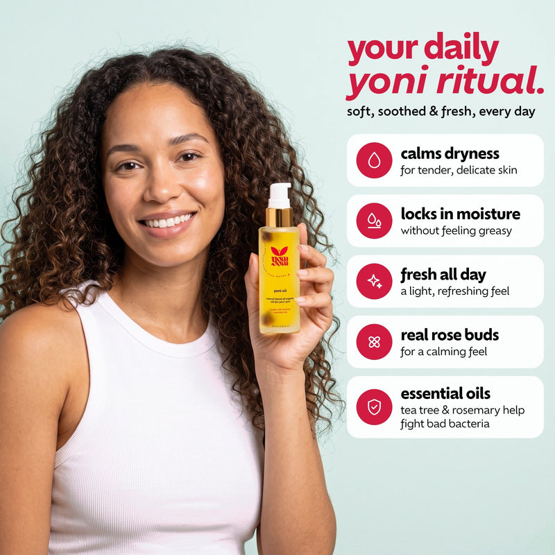 Woman holding Yoni Oil – calms dryness, locks in moisture, fresh all day