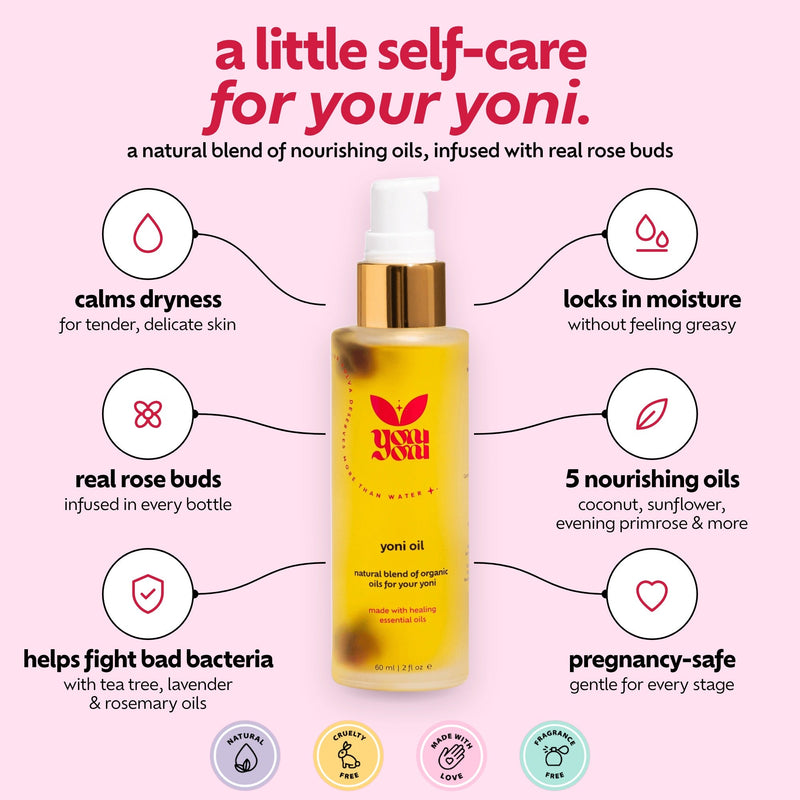 Yoni Oil – a natural blend of nourishing oils infused with real rose buds: calms dryness, locks in moisture, helps fight bad bacteria, pregnancy-safe